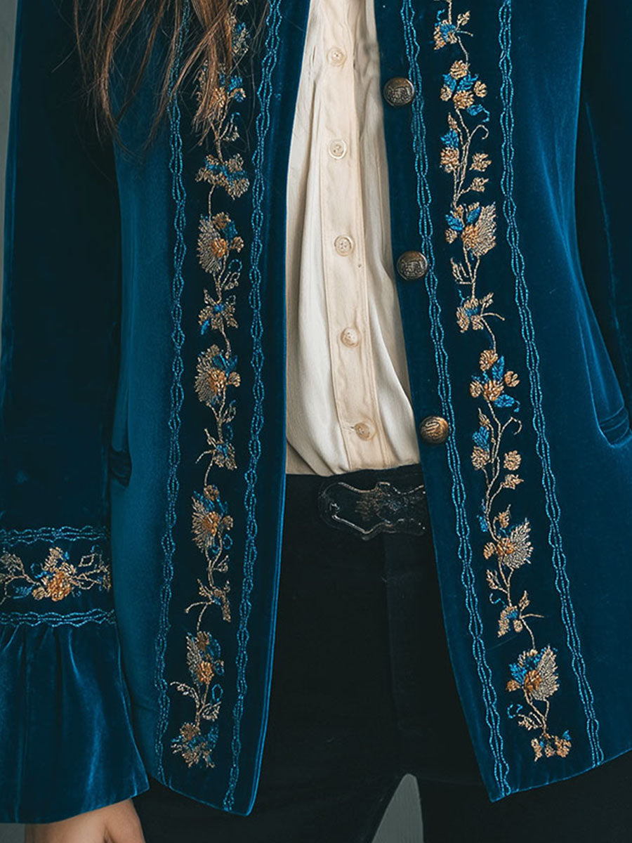 Vintage Floral Velvet Embroidered Blazer Jacket With Ruffle Cuffs