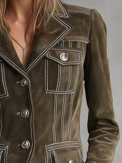 Olive Green Suede Tailored Jacket With Contrast Stitching