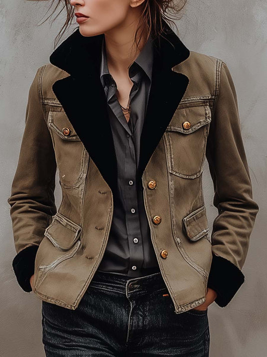 Vintage Utility Khaki Blazer With Black Contrast Lapel
