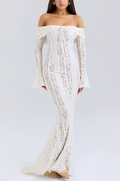 Leila® | Off Shoulder Floral Lace Flared Sleeve Fishtail Maxi Dress - White