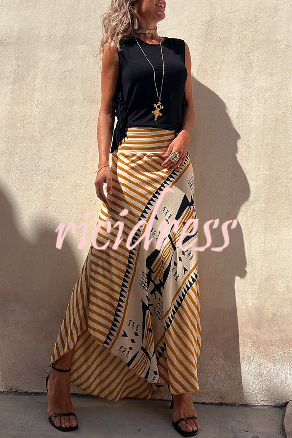 Eva Satin Geometric Print Elastic Waist Maxi Skirt