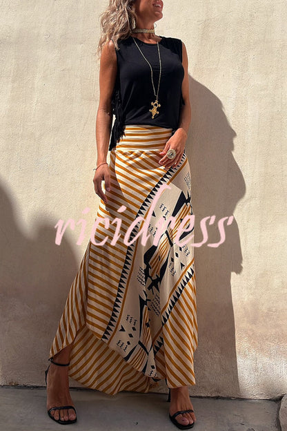 Eva Satin Geometric Print Elastic Waist Maxi Skirt