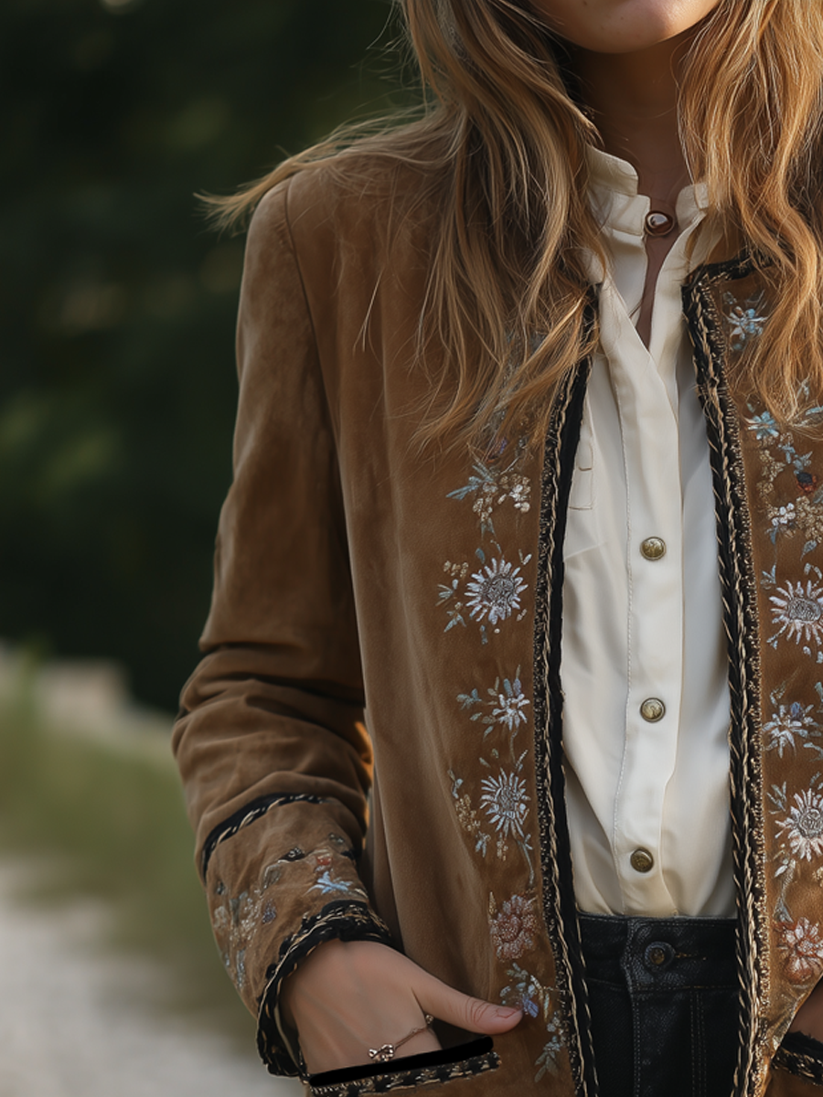 Vintage Floral Embroidered Crew Neck Eco-friendly Suede Jacket