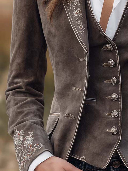 Taupe Microfiber Suede Embroidered Blazer