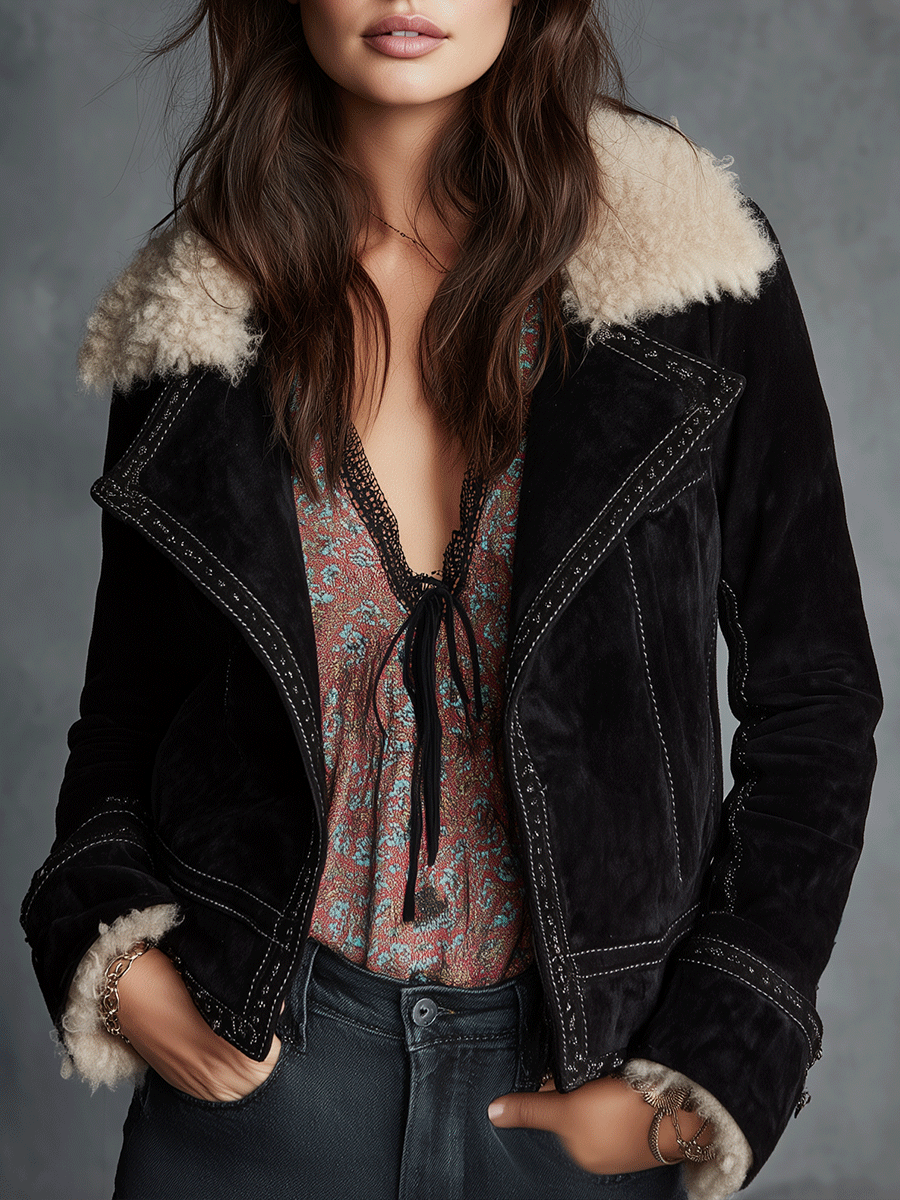 Retro Black Shearling Collar Short Warm Jacket