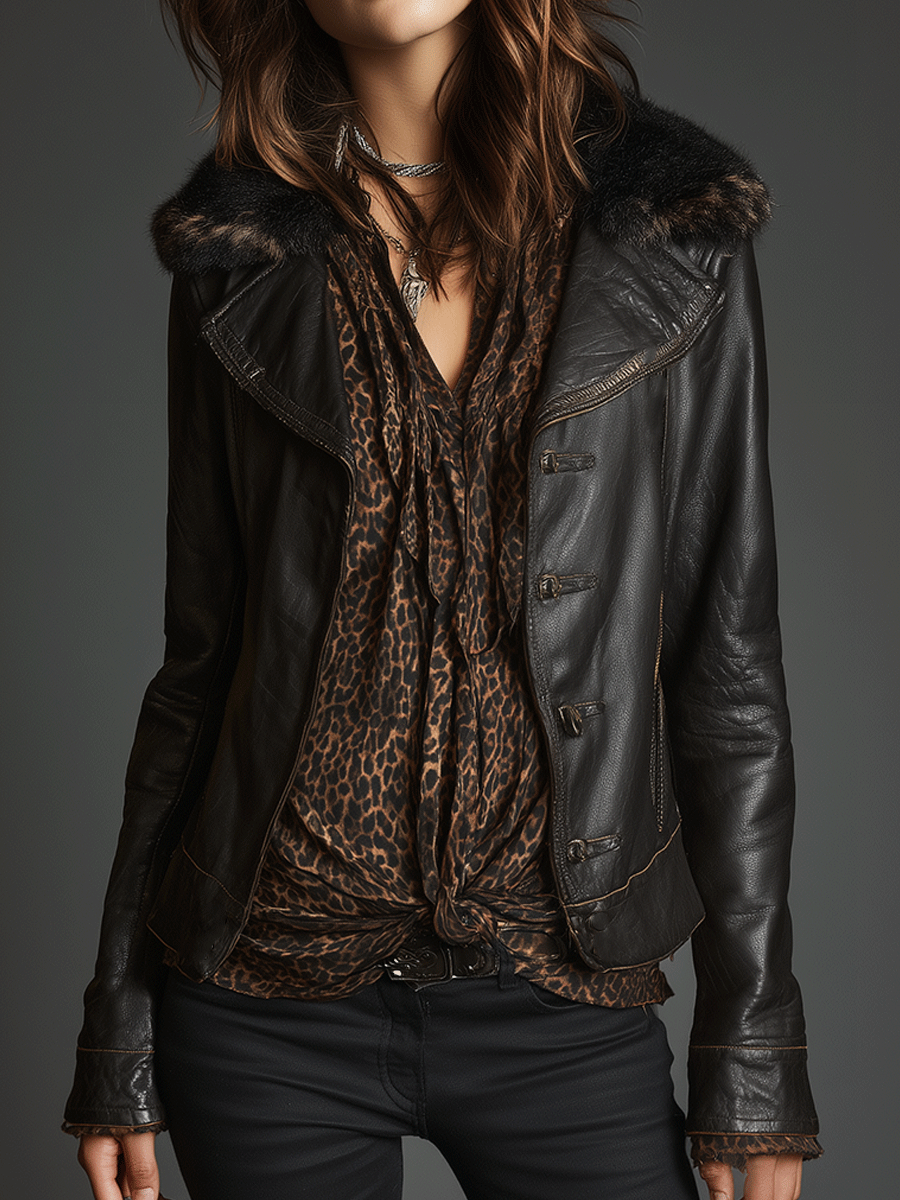 Retro Chic Black Leather Faux Fur Trim Jacket