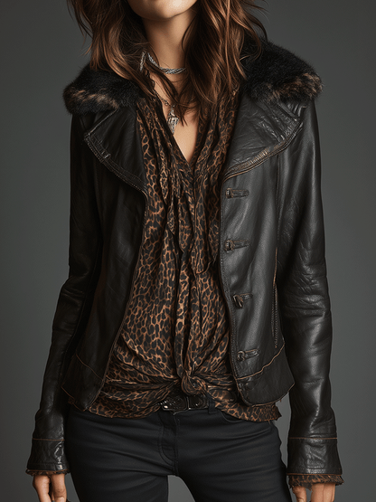Retro Chic Black Leather Faux Fur Trim Jacket