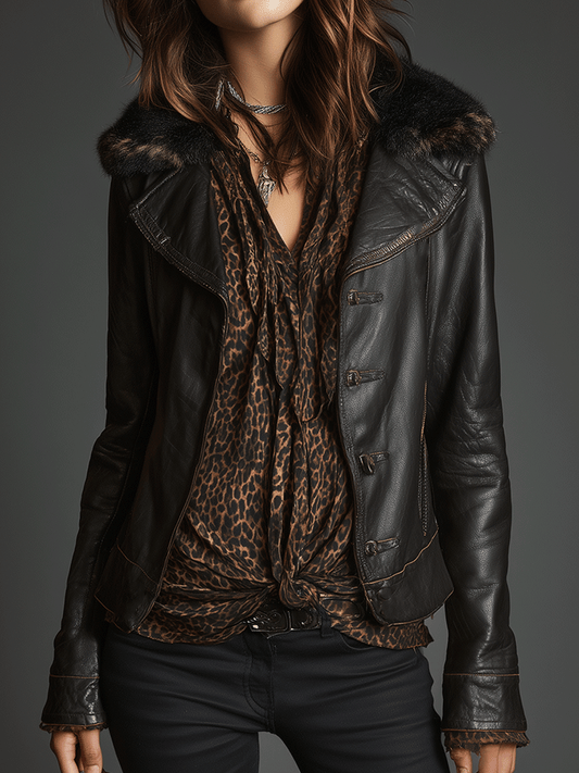 Retro Chic Black Leather Faux Fur Trim Jacket
