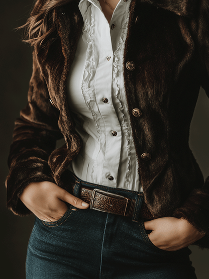 Vintage Eco-Fur Button-Down Cropped Slim-Fit Jacket