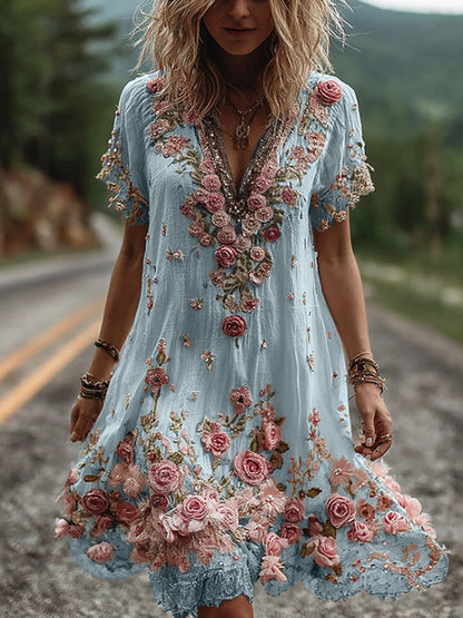 RUBY – BLOSSOM EMBROIDERED V-NECK DRESS