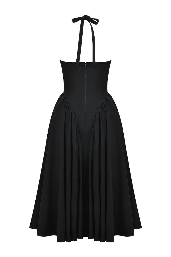 Lilly® | Solid A-line halter midi dresses with deep V-neck