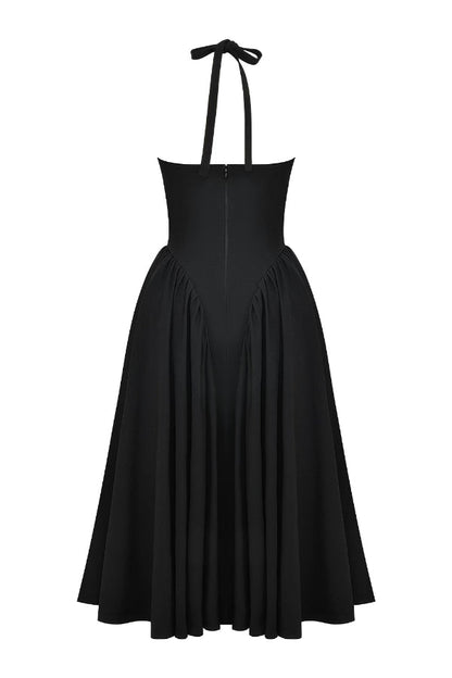 Lilly® | Solid A-line halter midi dresses with deep V-neck