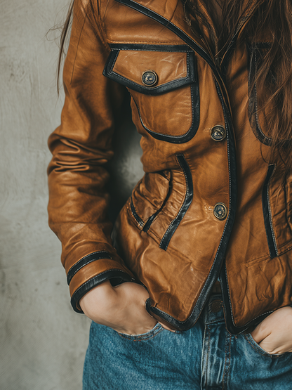 Vintage Contrast-trimmed Eco-friendly Leather Jacket