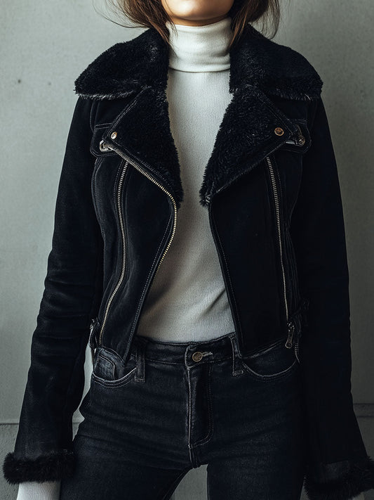 Chic Black Eco Shearling Lining Microsuede Moto Jacket
