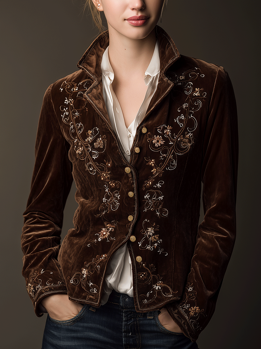 Vintage Floral Embroidery Brown Velvet Blazer
