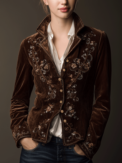 Vintage Floral Embroidery Brown Velvet Blazer