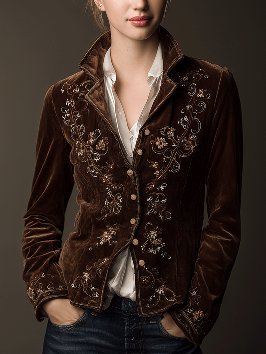 Vintage Floral Embroidery Brown Velvet Blazer