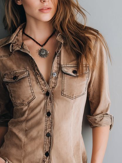 Retro Washed Contrast Stitching Blouse