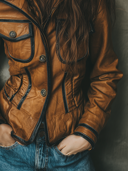 Vintage Contrast-trimmed Eco-friendly Leather Jacket