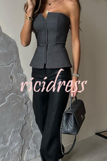 Street Mixed British Style Off Shoulder Front Zipper Top