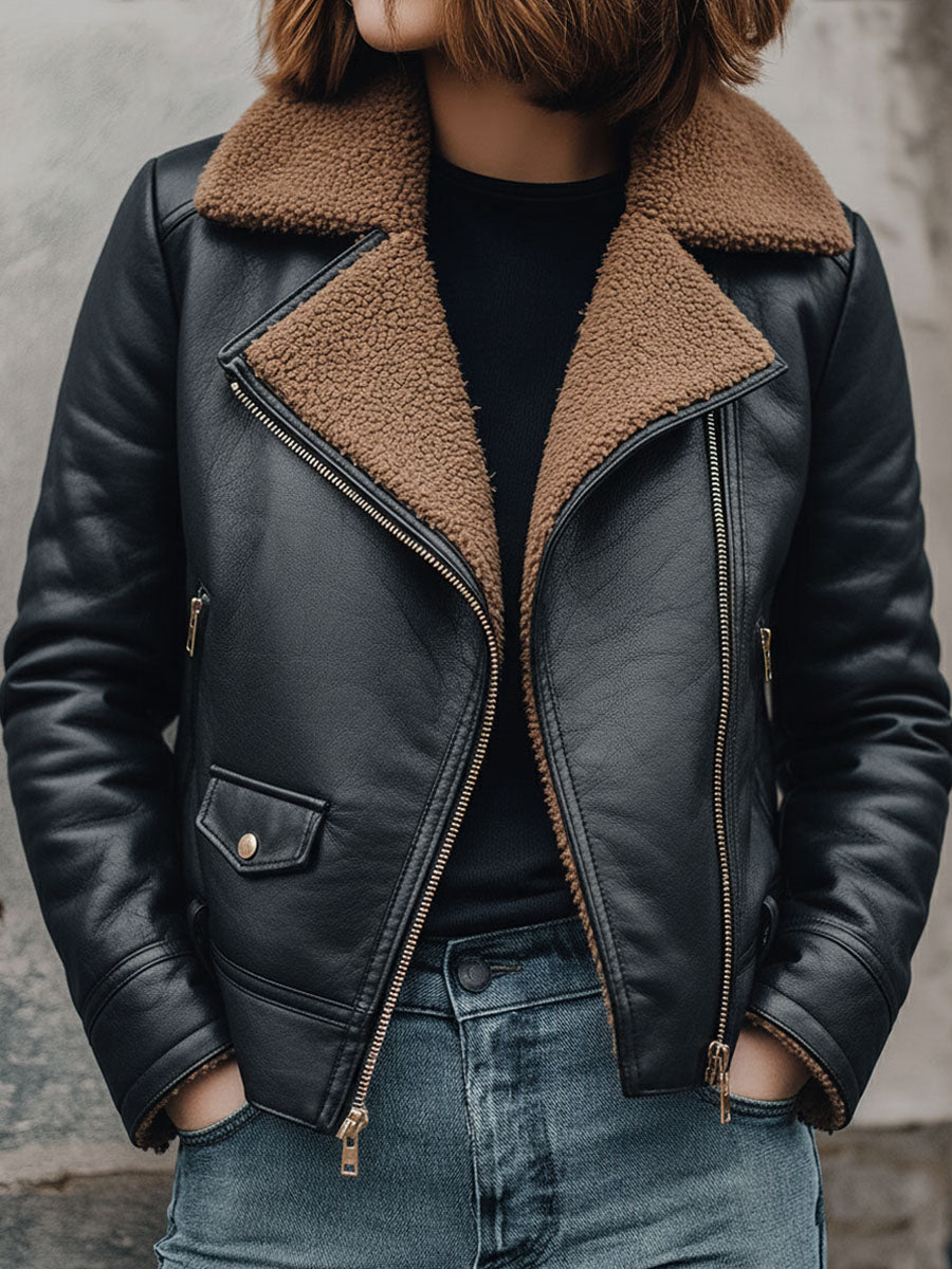 Classic Black Shearling Eco Leather Moto Jacket