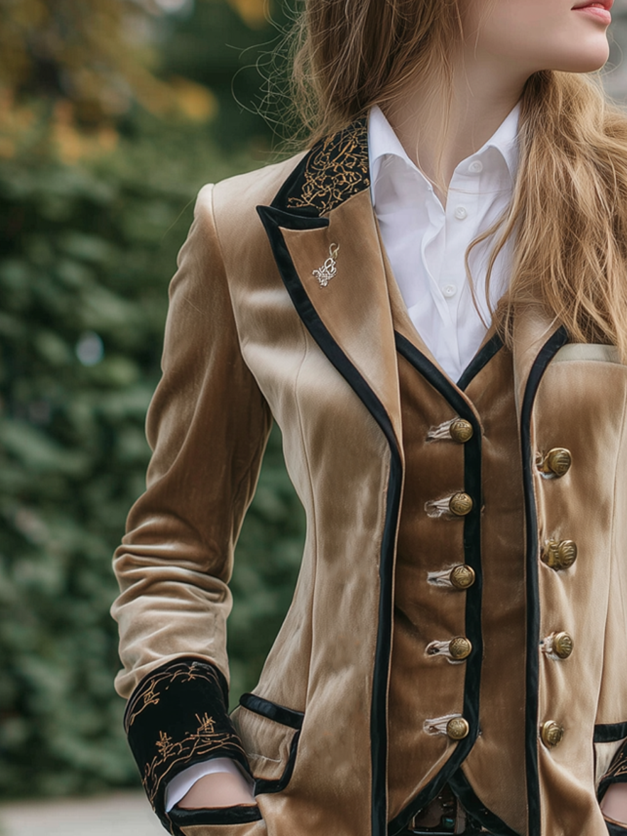 Vintage Contrast Trim Embroidered Cuffs Velvet Jacket