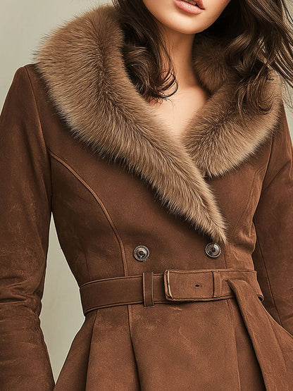 Elegant Double-Breasted  Brown Microsuede Peplum Jacket With Eco Fur Collar