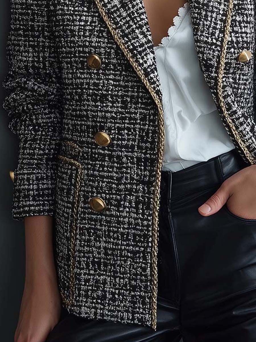 Tweed Double-Breasted Blazer With Gold Trim