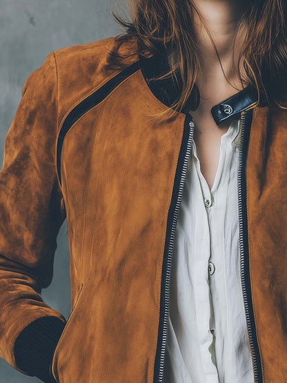 Vintage Caramel Suede Bomber Jacket With Contrast Trim