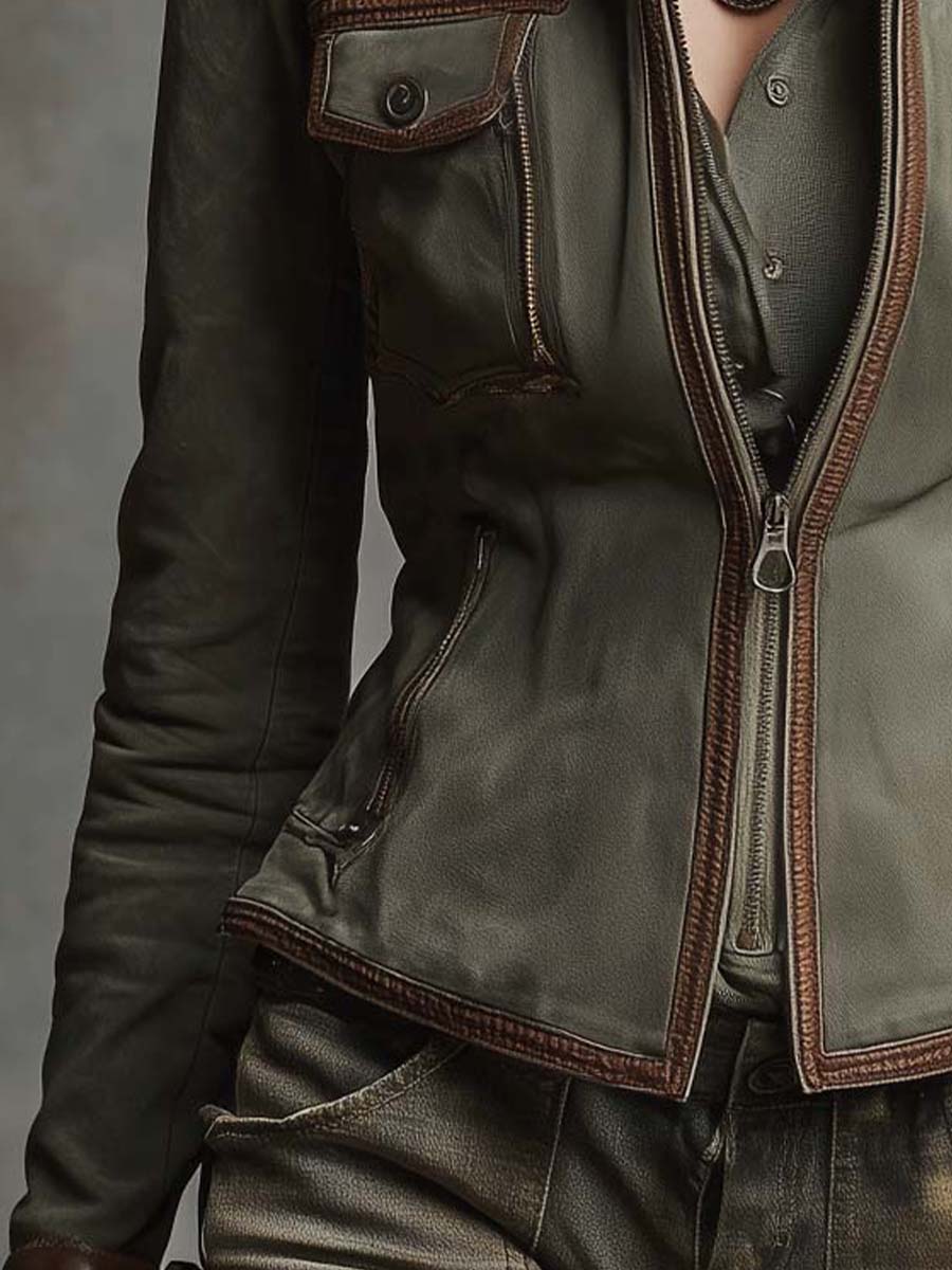 Vintage Military-style Microsuede Jacket With Leather Trim
