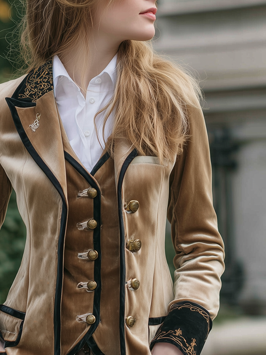Vintage Contrast Trim Embroidered Cuffs Velvet Jacket