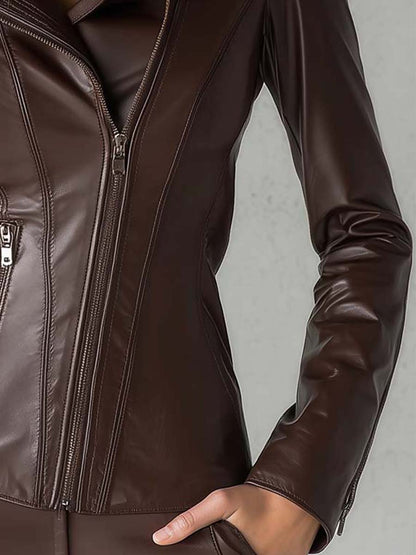Vintage Brown PU Leather Moto Jacket
