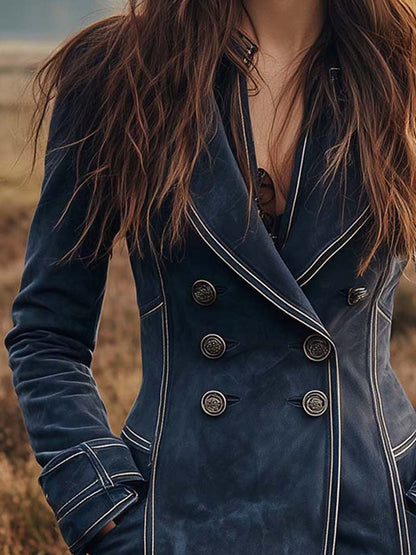 Slate Blue Microfiber Suede Long Blazer Dress With Contrast Piping