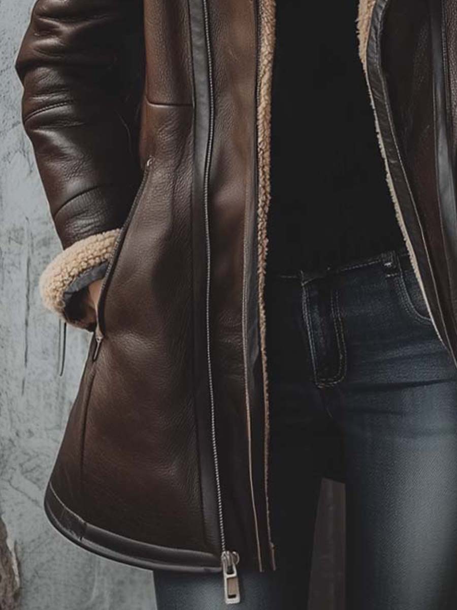 Chocolate Faux Shearling-Lined Hooded Eco-Leather Coat