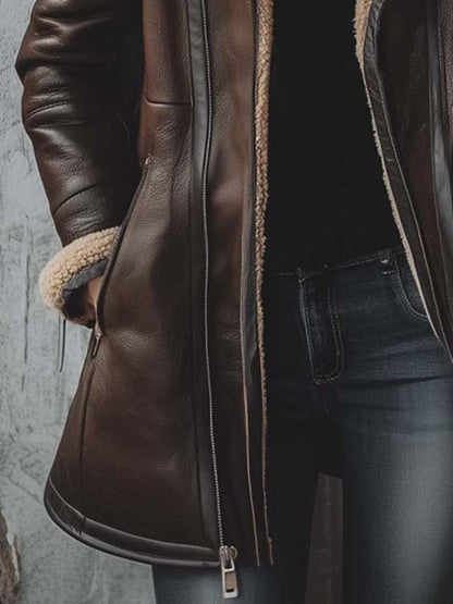 Chocolate Faux Shearling-Lined Hooded Eco-Leather Coat