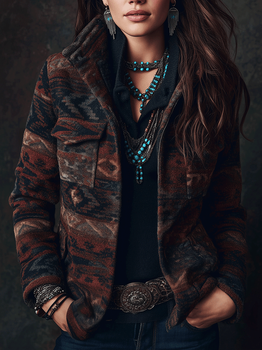 Retro Boho Geometric Print Cargo Wool Short Jacket