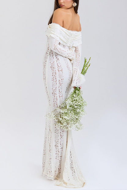 Leila® | Off Shoulder Floral Lace Flared Sleeve Fishtail Maxi Dress - White