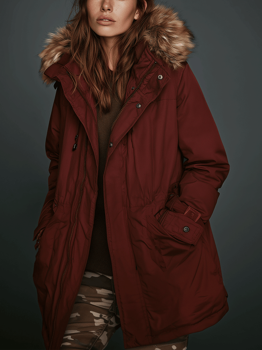 Vintage-Inspired Burgundy Utility Parka Jacket