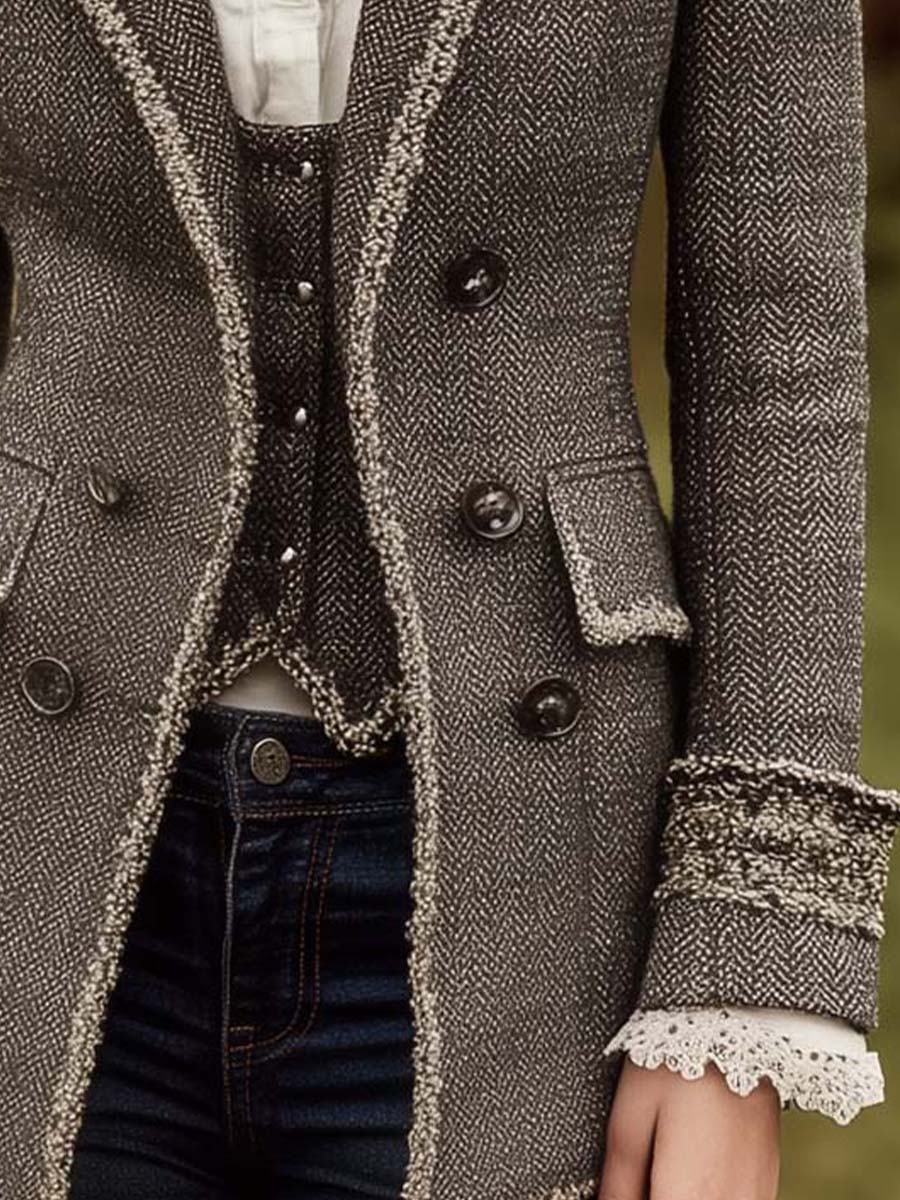 Herringbone Tweed Blazer With Contrast Trim