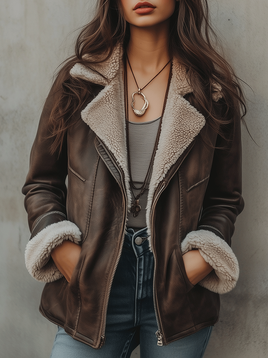 Vintage Brown Wool-Lined Faux Leather Jacket