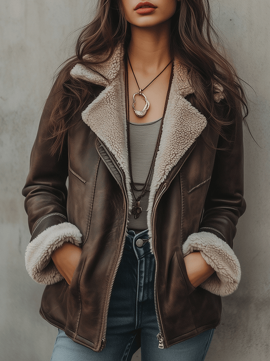 Vintage Brown Wool-Lined Faux Leather Jacket