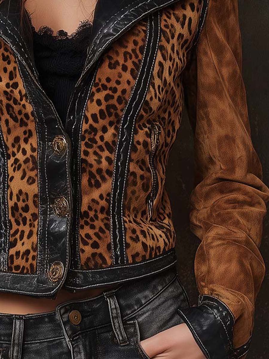 Vintage Leopard Print Suede Jacket With Leather Trim