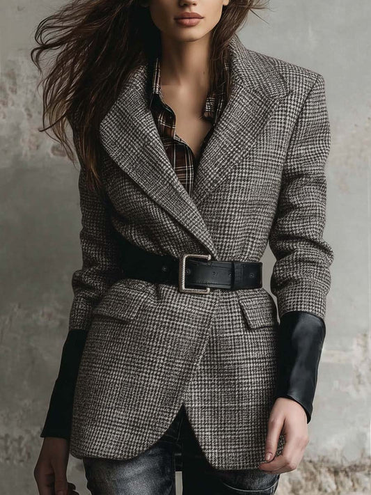 Vintage Plaid Wool Blazer With Leather Cuffs And Belt