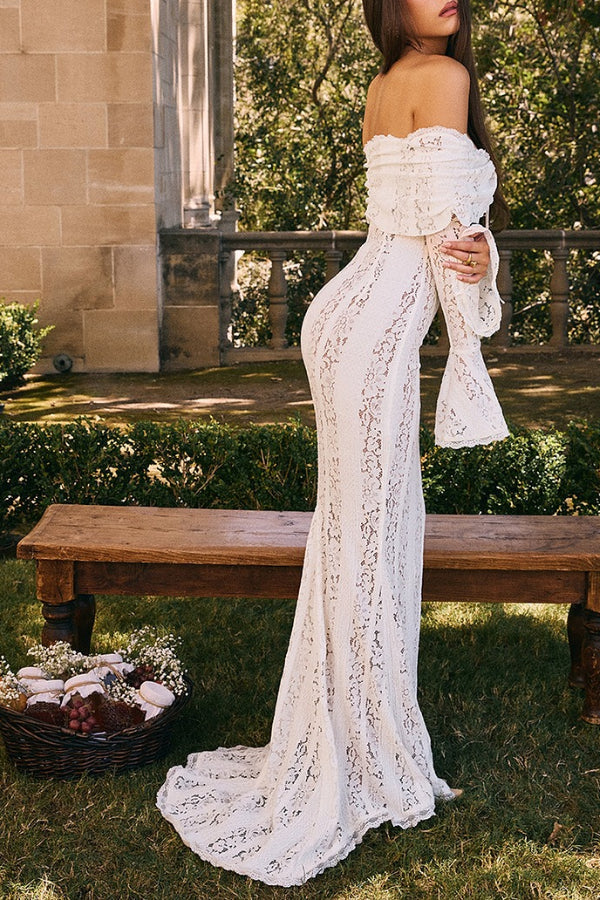 Leila® | Off Shoulder Floral Lace Flared Sleeve Fishtail Maxi Dress - White