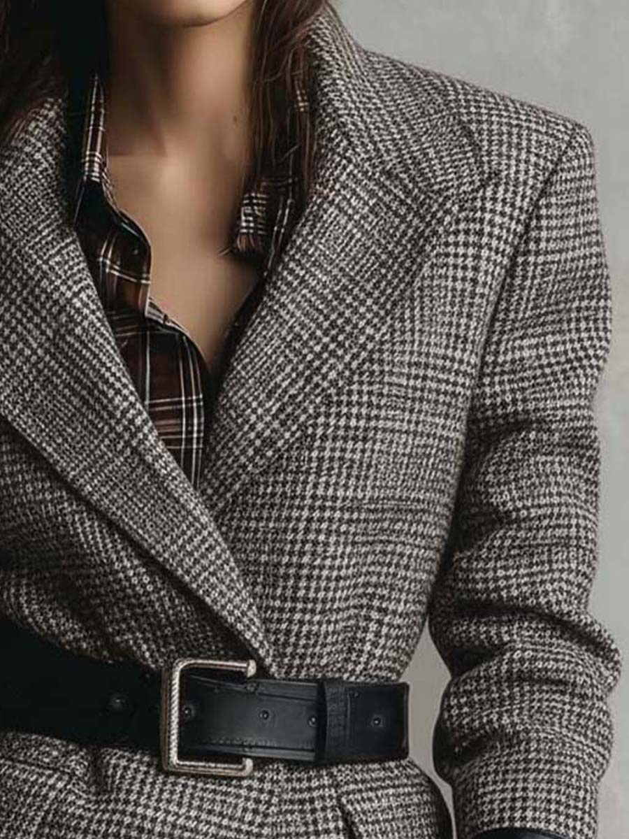 Vintage Plaid Wool Blazer With Leather Cuffs And Belt