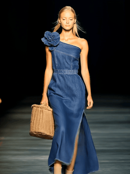 【24-hour shipping out】Elegant Strapless Denim 3D Floral Maxi Dress