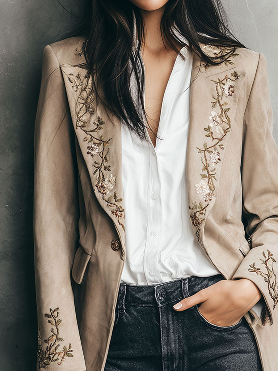 Vintage Floral Embroidery Beige Long Tailored Jacket