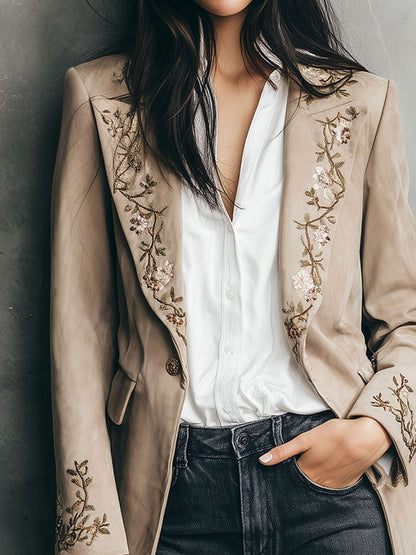 Vintage Floral Embroidery Beige Long Tailored Jacket