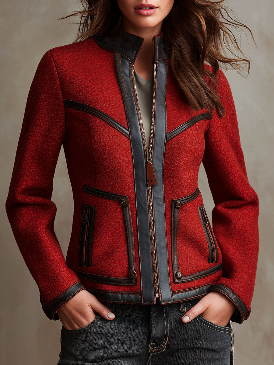 Red Wool Blend Zip-Up Jacket With Black Eco Leather Trim