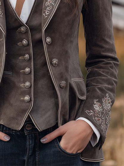 Taupe Microfiber Suede Embroidered Blazer